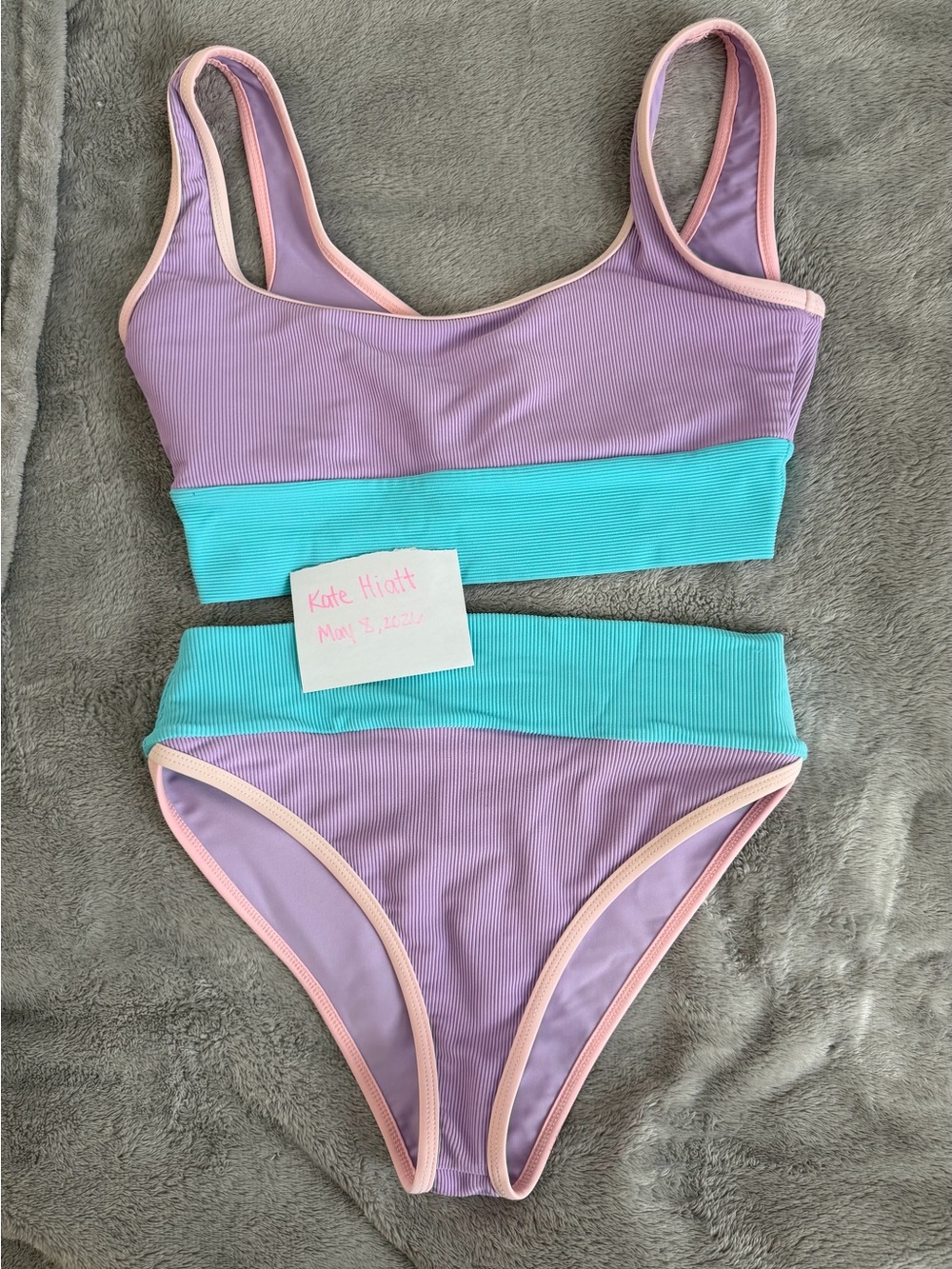 LainSnow Aqua and Lilac Ribbed Bikini with Pink Edge